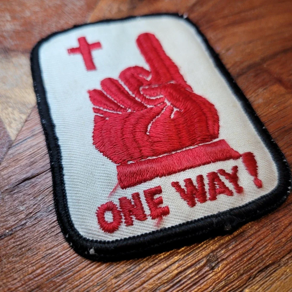 One Way Jesus‎ Christian Embroidered Patch Red Finger Point Cross Verse